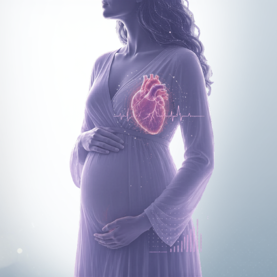 Woman figure with glowing heart and subtle medical graphics representing women’s heart health and innovation.